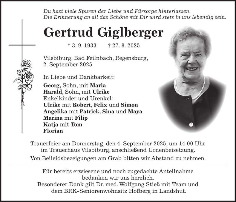 Traueranzeige Gertrud Giglberger