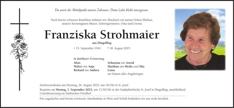 Traueranzeige Franziska Strohmeier