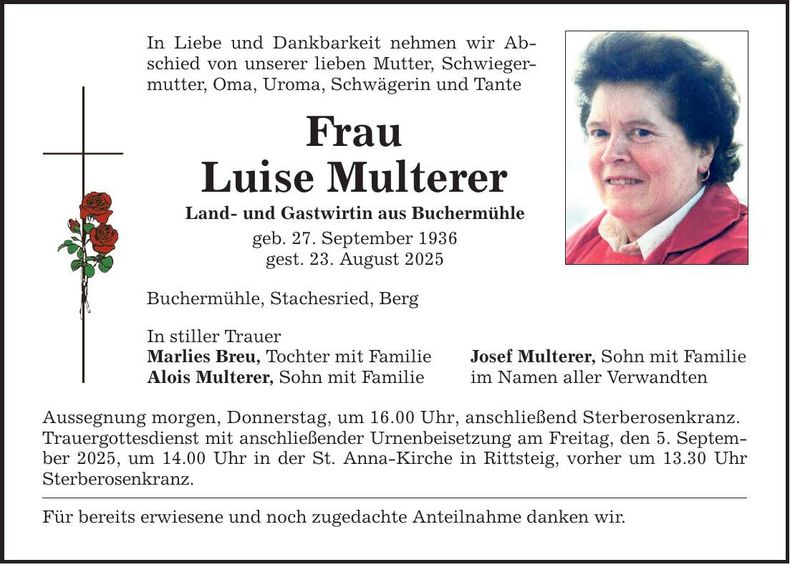 Traueranzeige Luise Multerer