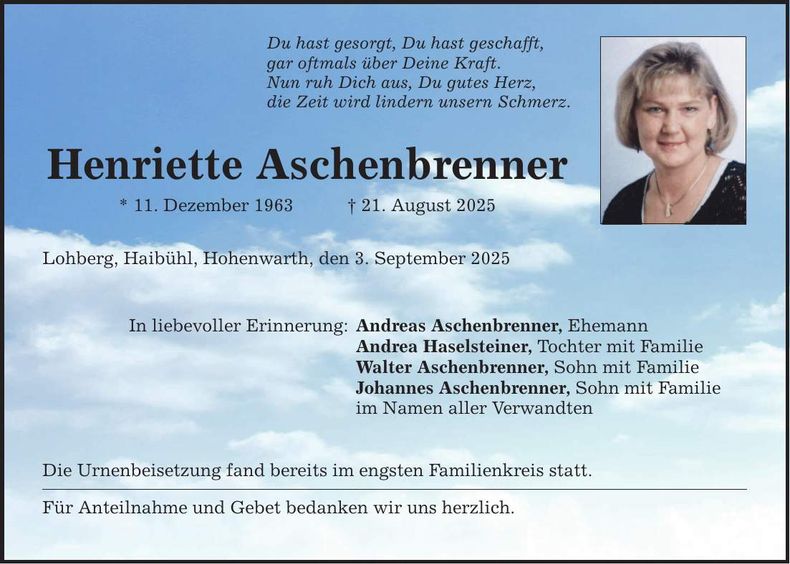 Traueranzeige Henriette Aschenbrenner