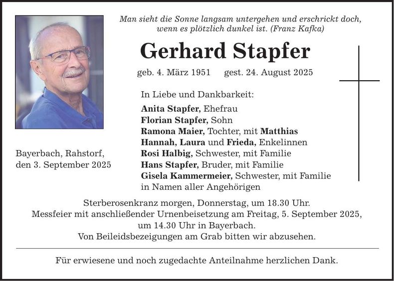 Traueranzeige Gerhard Stapfer