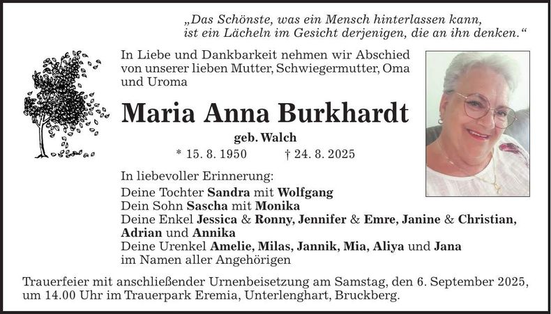 Traueranzeige Maria Anna Burkhardt
