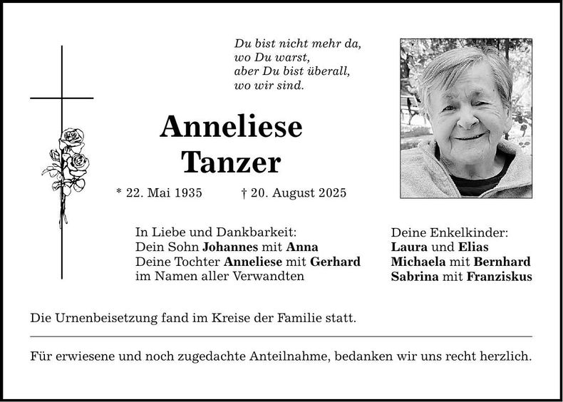 Traueranzeige Anneliese Tanzer