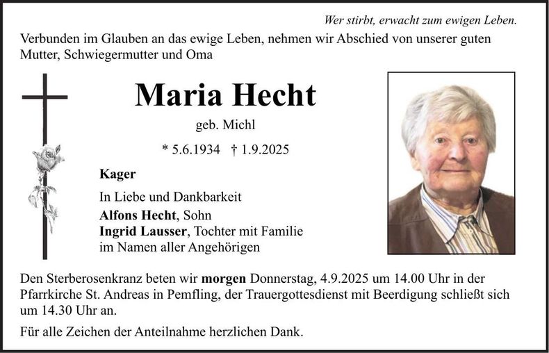 Traueranzeige Maria Hecht