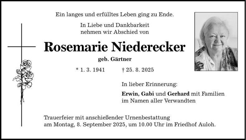 Traueranzeige Rosemarie Niederecker