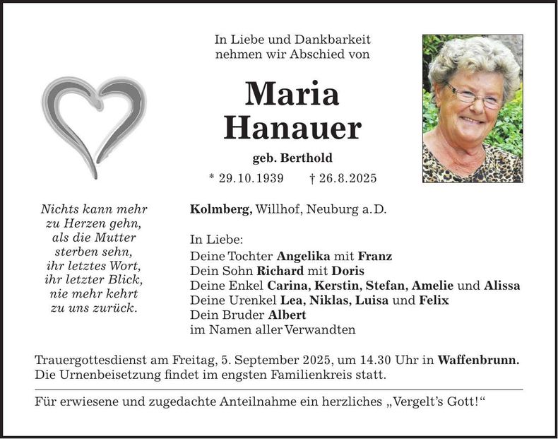 Traueranzeige Hanauer Maria