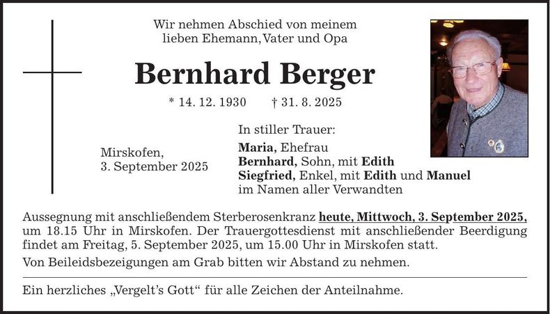 Traueranzeige Bernhard Berger