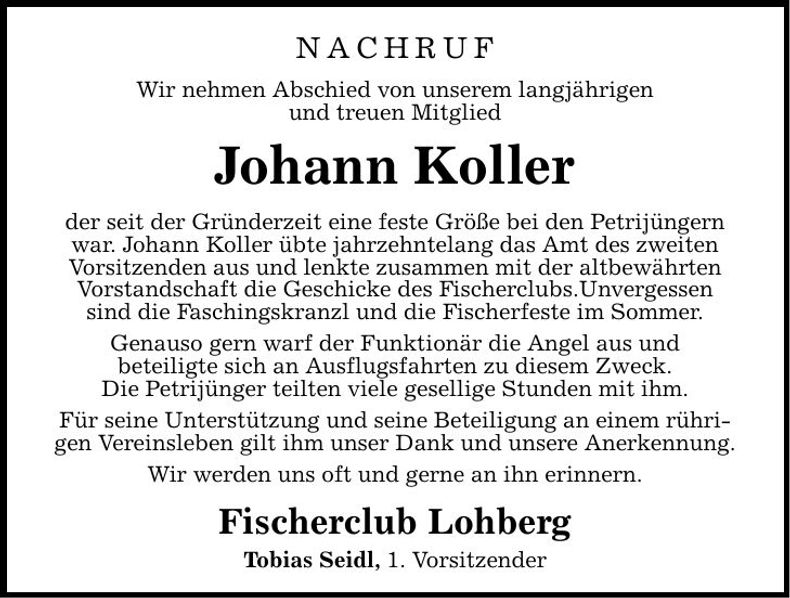 Traueranzeige Johann Koller