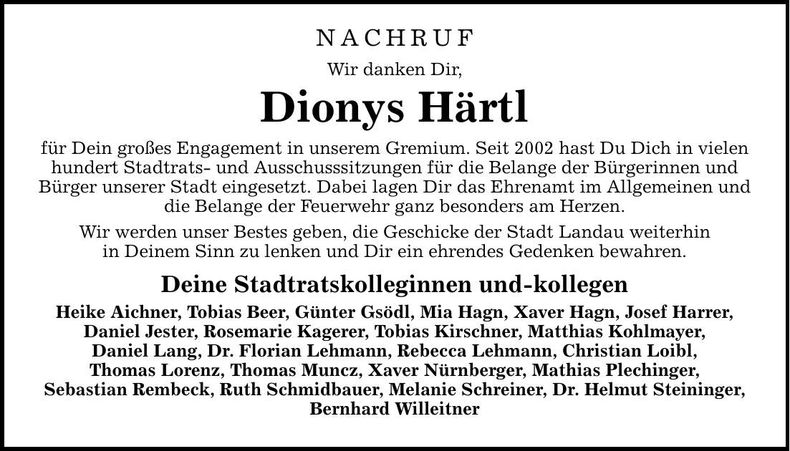 Traueranzeige Dionys Härtl