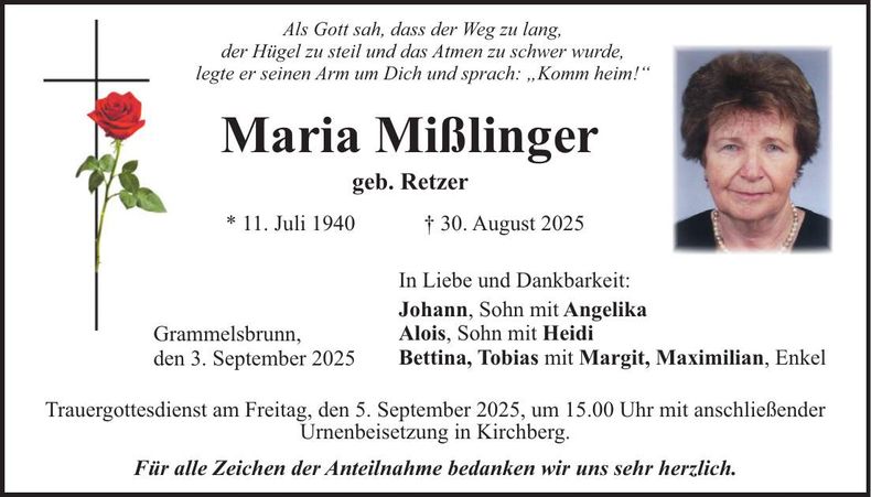Traueranzeige Maria Mißlinger