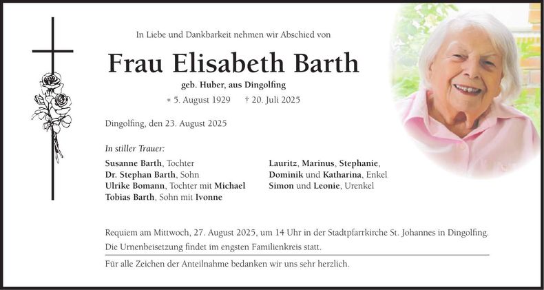 Traueranzeige Elisabeth Barth