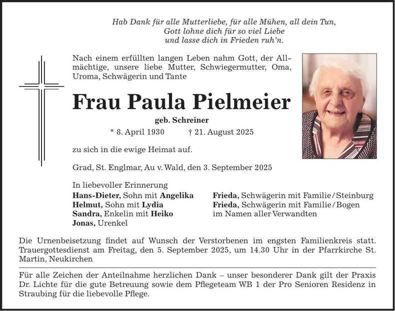 Traueranzeige Paula Pielmeier
