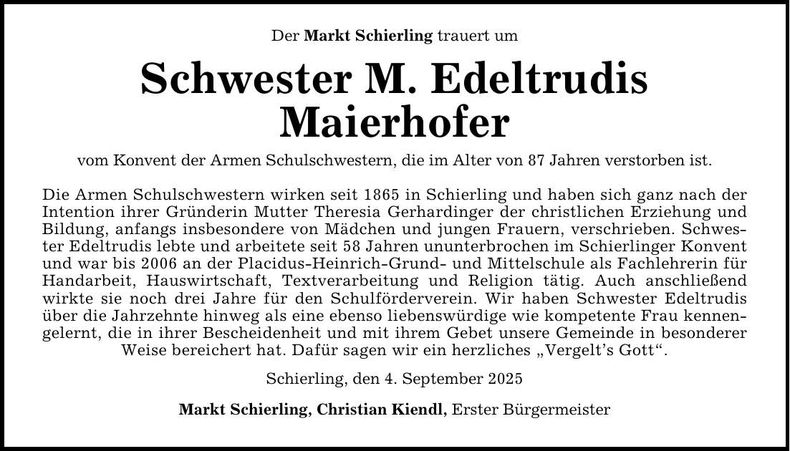 Traueranzeige Schwester M. Edeltrudis Maierhofer