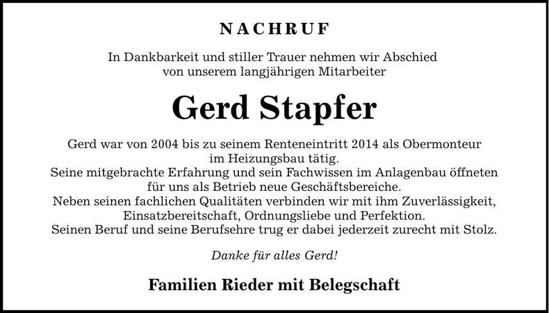 Traueranzeige Gerd Stapfer
