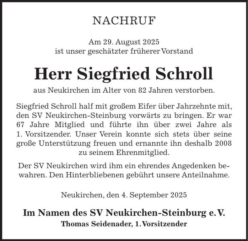 Traueranzeige Siegfried Schroll