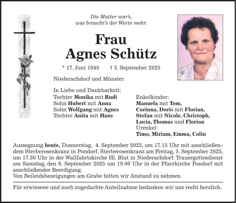 Traueranzeige Agnes Schütz