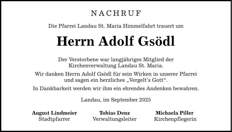 Traueranzeige Adolf Gsödl