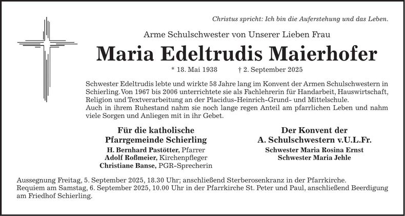 Traueranzeige Maria Edeltrudis Maierhofer