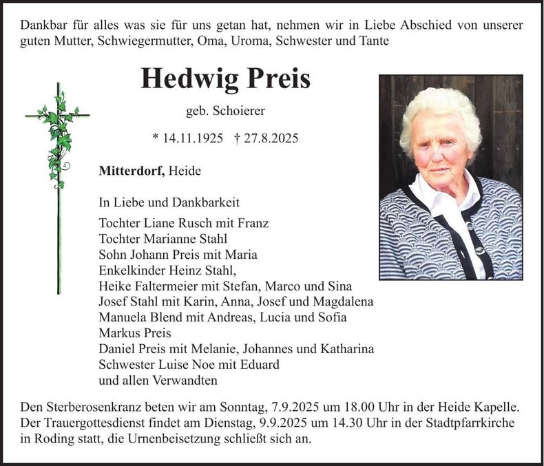 Traueranzeige Hedwig Preis