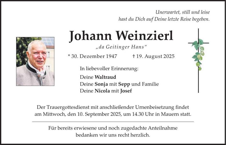 Traueranzeige Johann Weinzierl