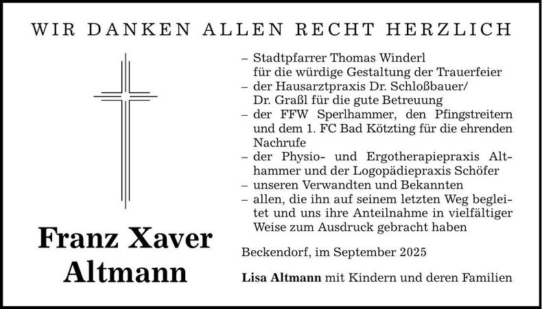 Traueranzeige Franz Xaver Altmann