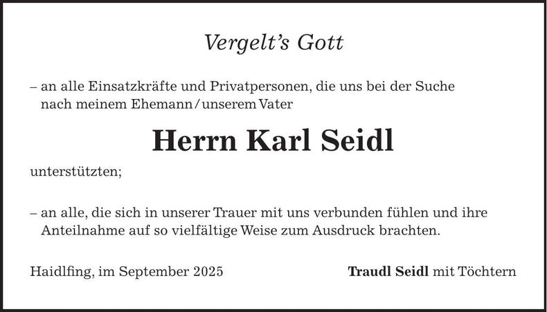 Traueranzeige Karl Seidl