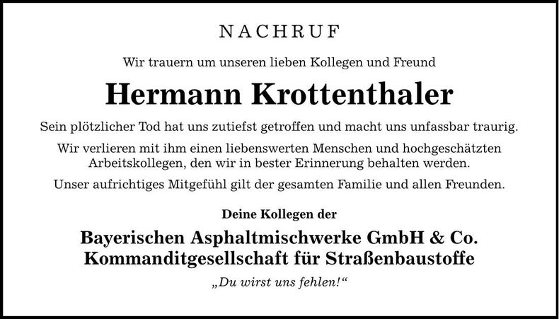 Traueranzeige Hermann Krottenthaler