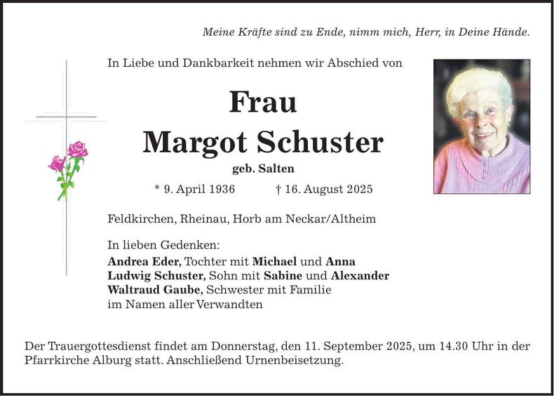 Traueranzeige Margot Schuster