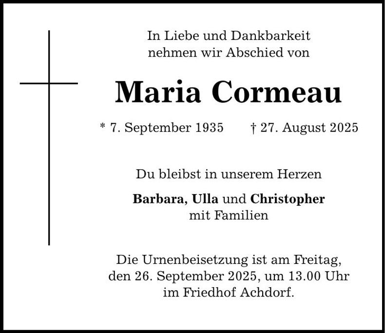 Traueranzeige Maria Cormeau