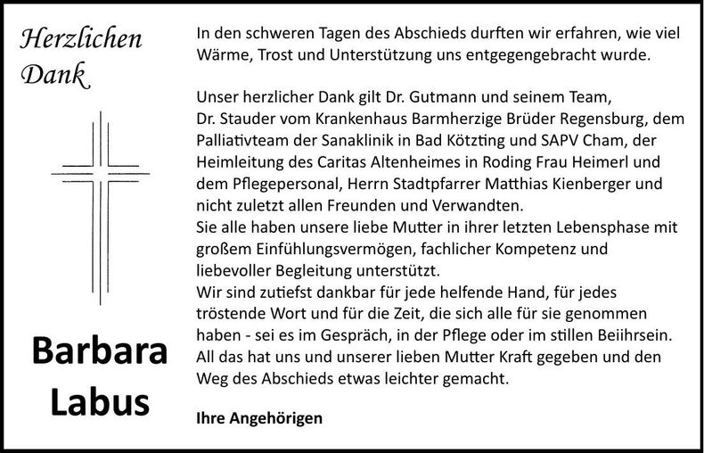 Traueranzeige Barbara Labus