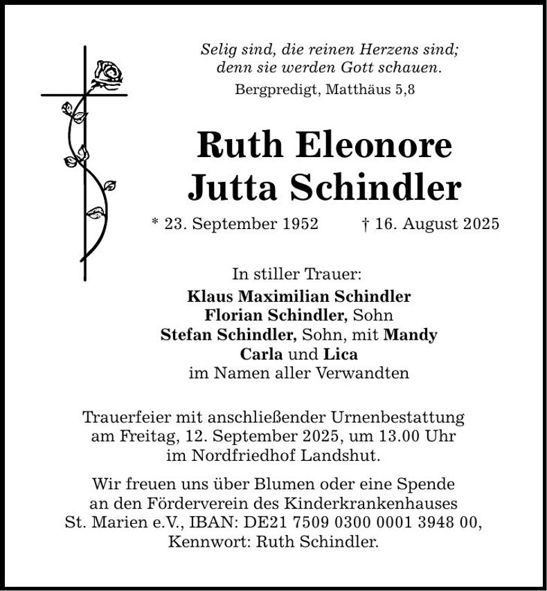 Traueranzeige Ruth Eleonore Jutta Schindler