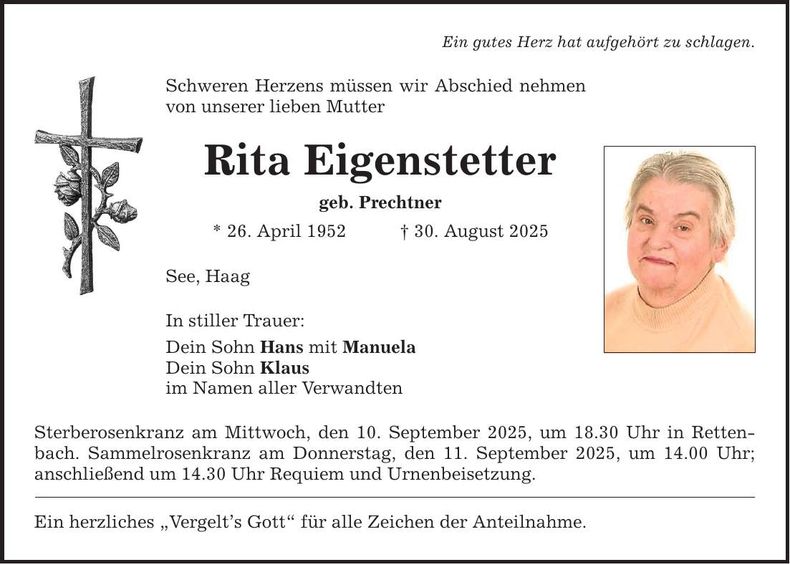 Traueranzeige Rita Eigenstetter