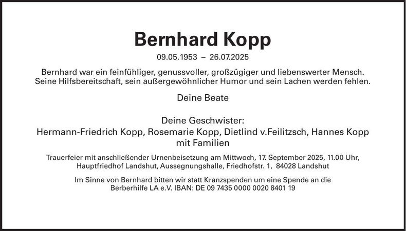 Traueranzeige Bernhard Kopp