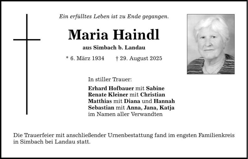 Traueranzeige Maria Haindl