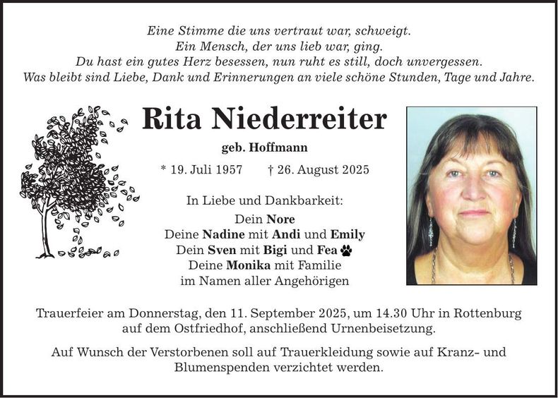 Traueranzeige Rita Niederreiter