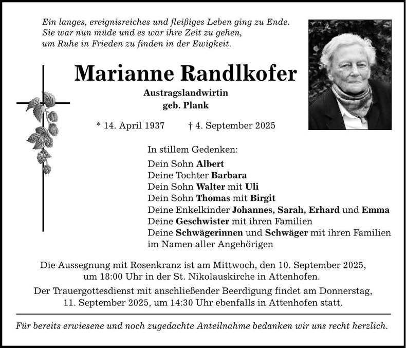 Traueranzeige Marianne Randlkofer