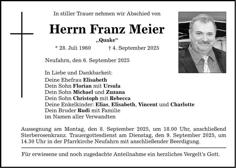 Traueranzeige Franz Meier