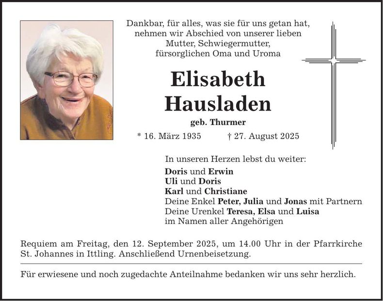 Traueranzeige Elisabeth Hausladen