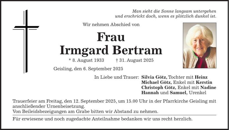 Traueranzeige Irmgard Bertram