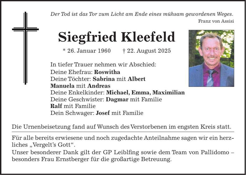 Traueranzeige Siegfried Kleefeld