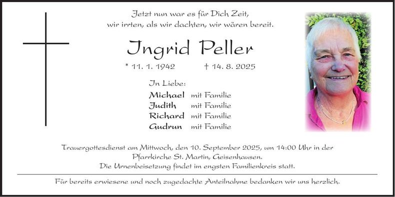 Traueranzeige Ingrid Peller