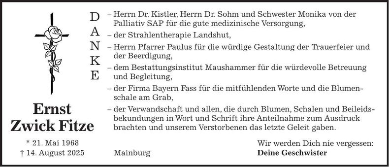 Traueranzeige Ernst Zwick Fitze
