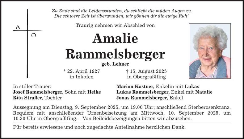 Traueranzeige Amalie Rammelsberger