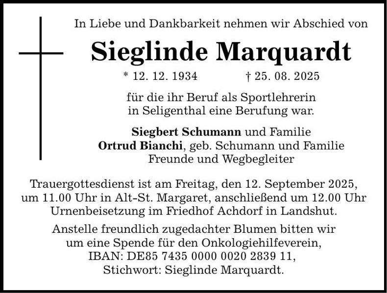 Traueranzeige Sieglinde Marquardt