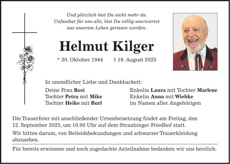 Traueranzeige Helmut Kilger