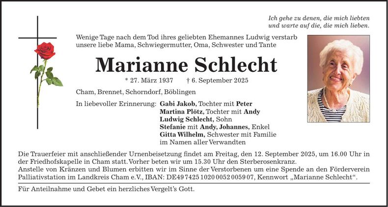Traueranzeige Marianne Schlecht