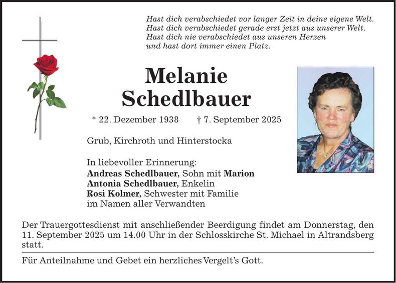 Traueranzeige Melanie Schedlbauer
