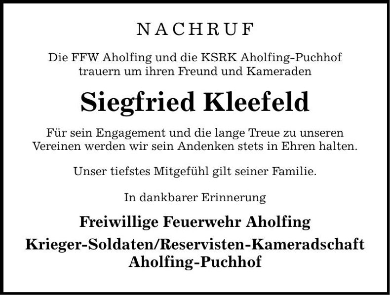Traueranzeige Siegfried Kleefeld