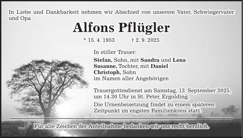 Traueranzeige Alfons Pflügler