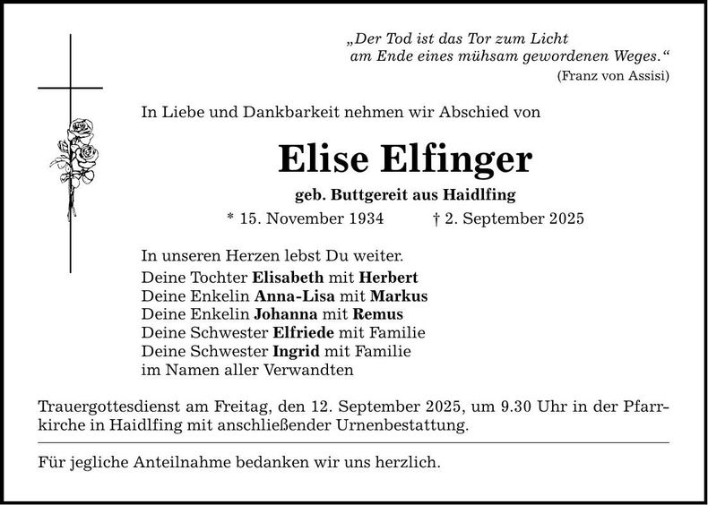 Traueranzeige Elise Elfinger